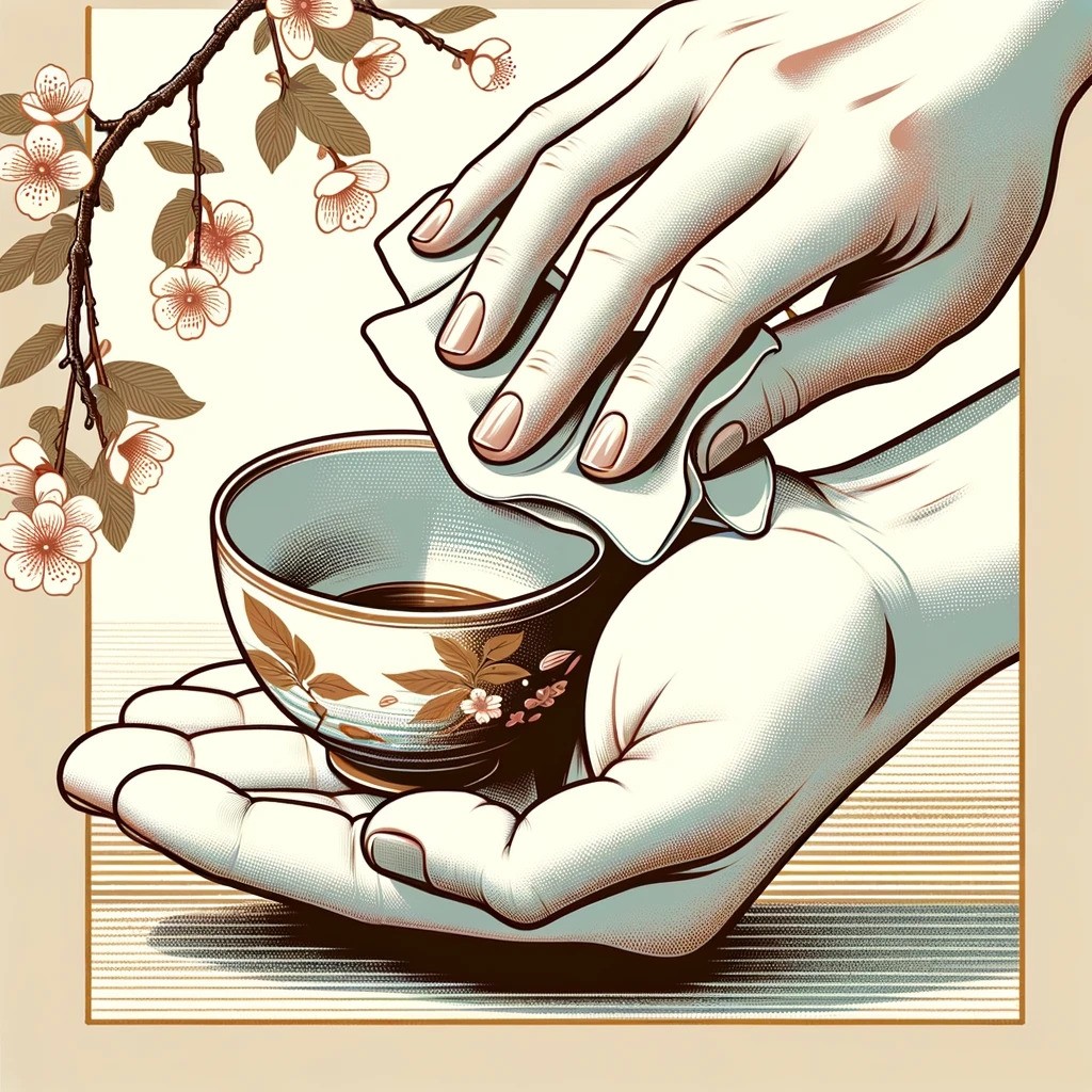 Person practicing mindfulness by drying a teacup with focused awareness and concentration